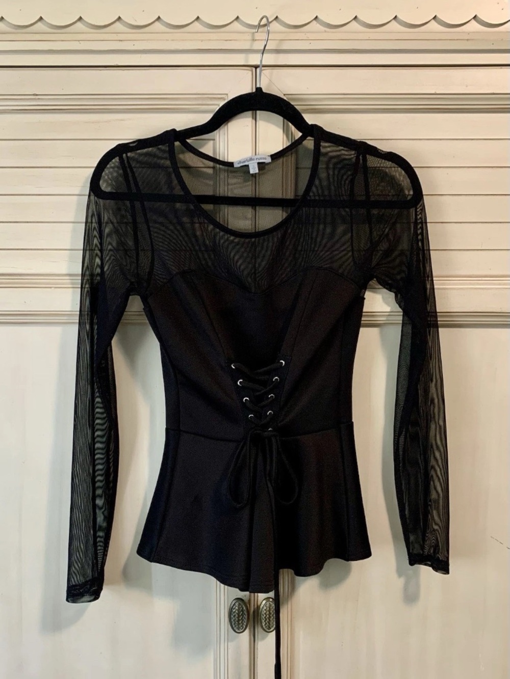 Vintage Y2K Charlotte Russe Lace Up Corset Top With Mesh Sleeves Small